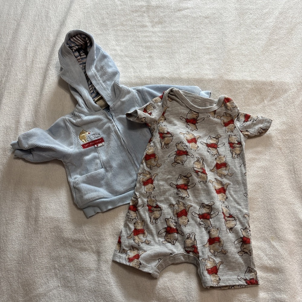 Disney‎ Winnie The Pooh Romper Blue Velour Hoodie Sz Newborn 2pc